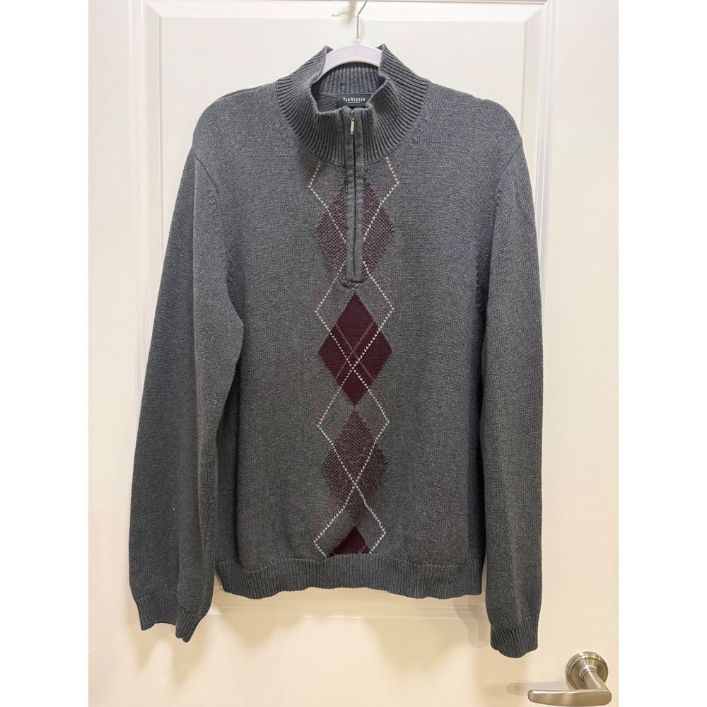 Van Heusen Mens Grey Argyle Quarter Zip Cotton Knit Sweater Mock Neck Size M